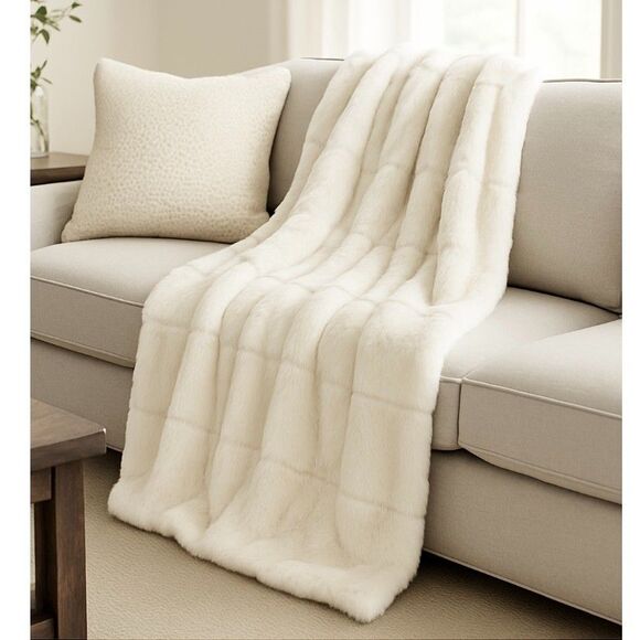 Pottery Barn Other - Pottery Barn Faux Fur Throw Blanket Ivory White Cozy Plush 50" x 60"